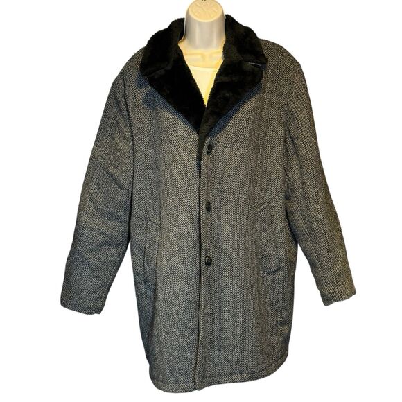 Vintage 80s Westchester Classics Men’s Herringbone Faux Fur Lined Coat Made USA - Picture 1 of 16